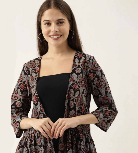 Women Black Handblock Printed Fusion Jacket Shrug