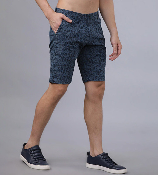 Men Blue Printed Slim Fit Denim Shorts