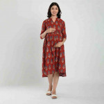 Maroon & Yellow Ethnic Motifs Ethnic Maternity & Nursing Midi Dress