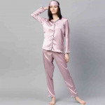 Women Pink Satin Finish Solid Nightsuit