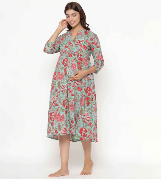 Women Turquoise Blue Floral Printed Maternity & Nursing Cotton A-Line Midi Dress