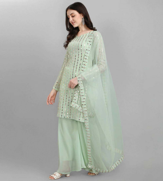 Green Embellished Silk Georgette Semi-Stitched Dress Material