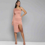 Women Peach-Coloured One-Shoulder A-Line Midi Dress With Slit