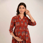 Maroon & Yellow Ethnic Motifs Ethnic Maternity & Nursing Midi Dress